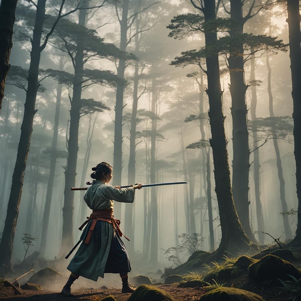 Woman Trains with Samurai Sword in Misty Forest
