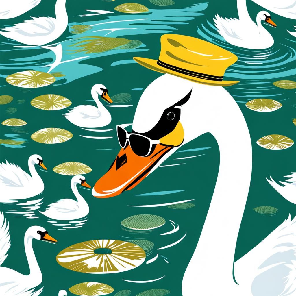 Expressionist style: White swan with sunglasses and a fishing hat in a pond