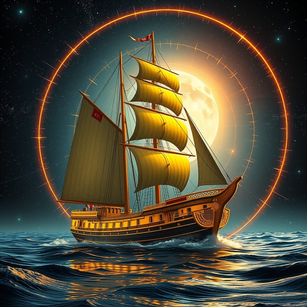 Golden Tall Ship Navigates Cyberpunk Dimension Portal