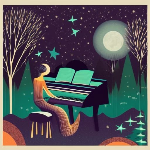 Woman at Piano Under Starry Night Sky