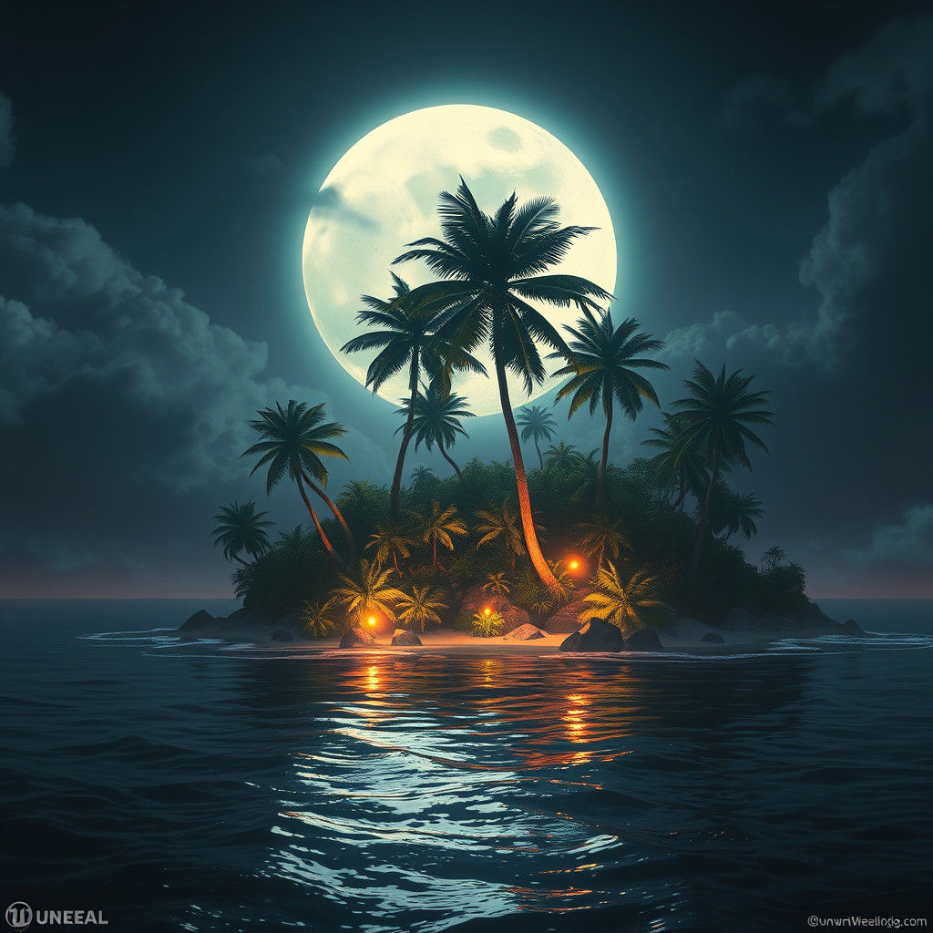 Magical Moonlit Tropical Island in Matte Painting Style