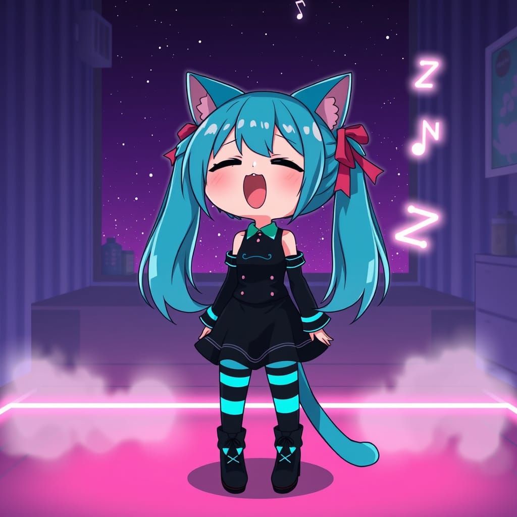 Cute Anime Catgirl in Synthwave Bedroom Scene