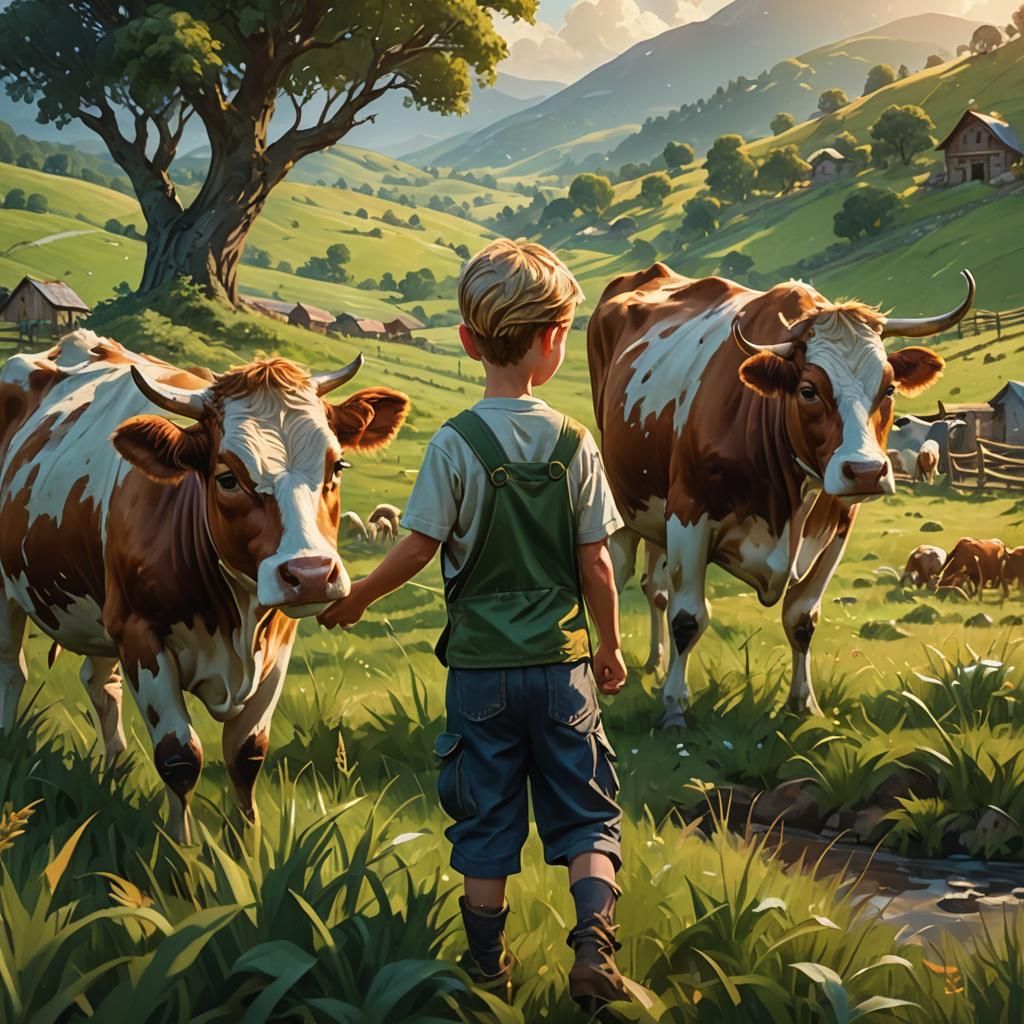 Boy Farmer and Happy Cow in Oil Painting Style
