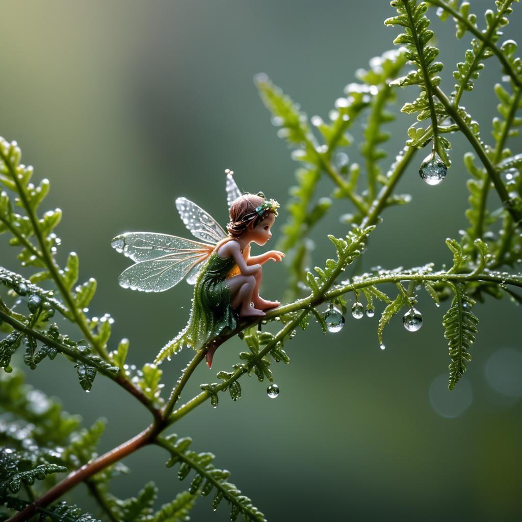 Fairy on Fern: Macro Photograph with Morning Dew