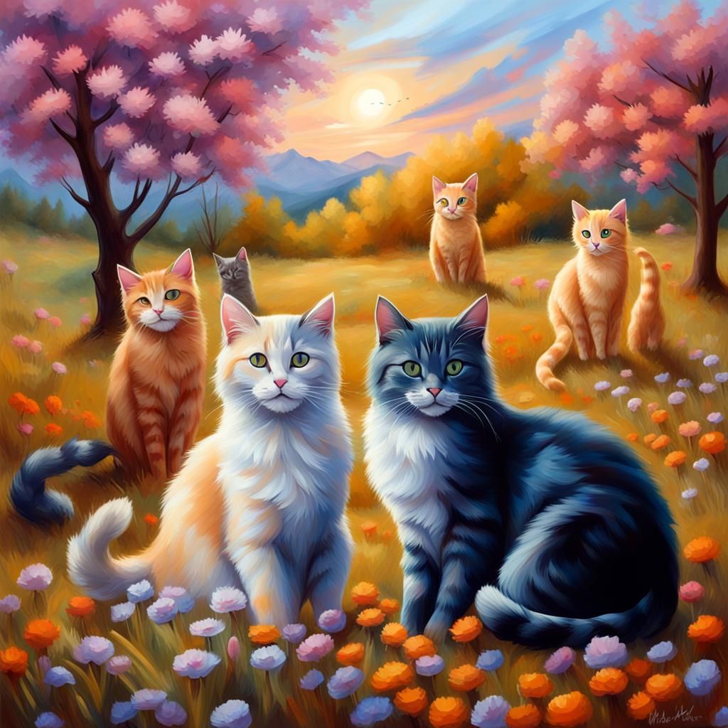 Magical Landscape with Colorful Cats in Matte Painting