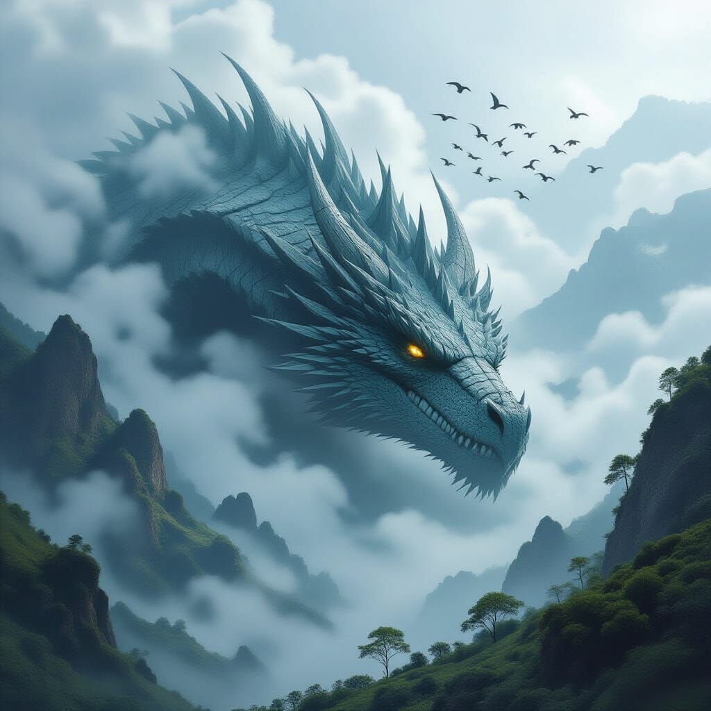 Mystical Valley: Slumbering Dragon in Ethereal Mist