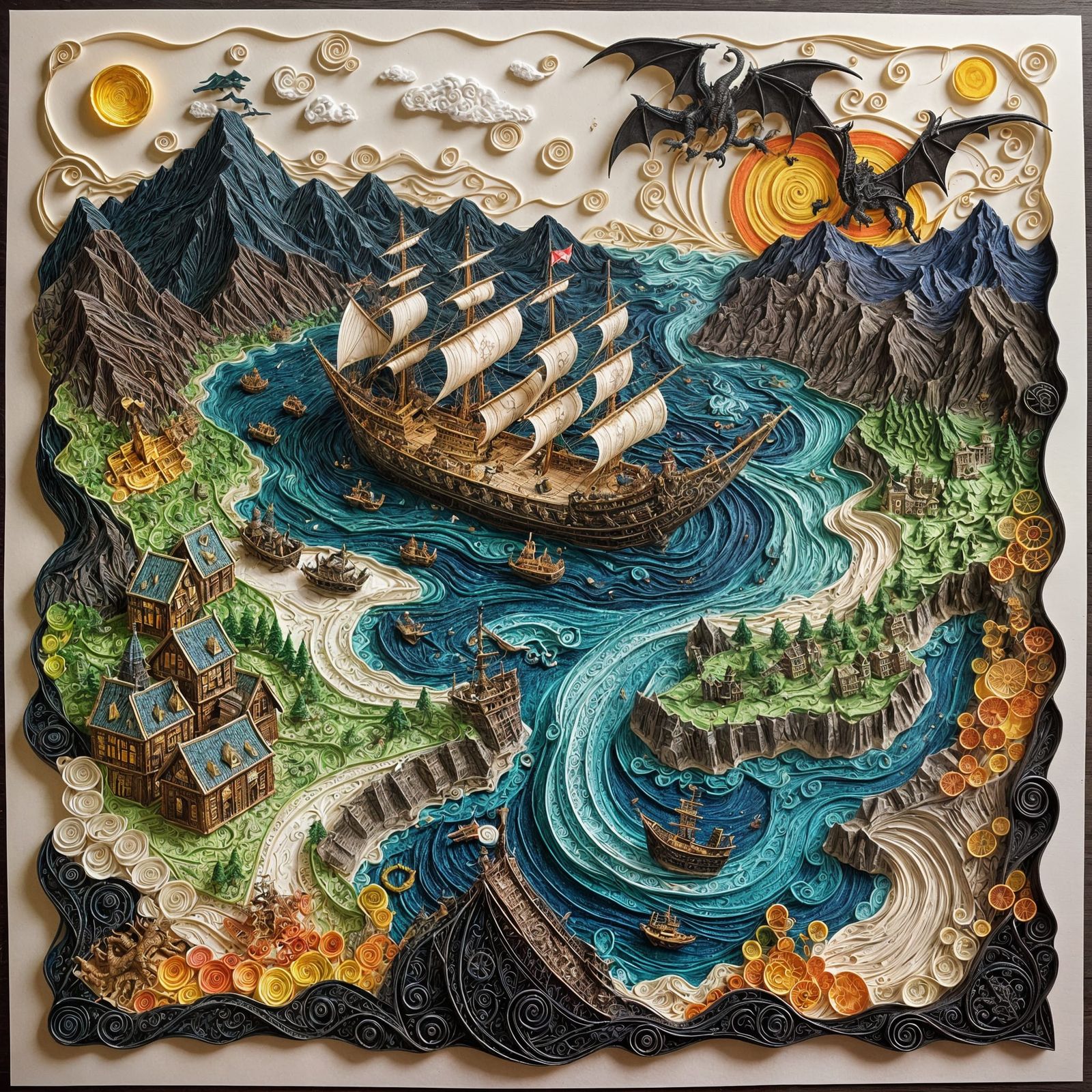 Pirates and Dragon Map in Neo-Primitivism Style