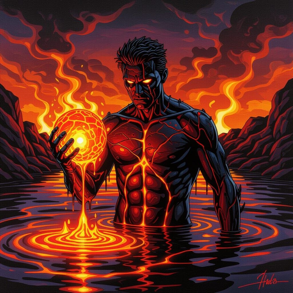 Lava Man Emerging from Fiery River, Airbrush Acrylic