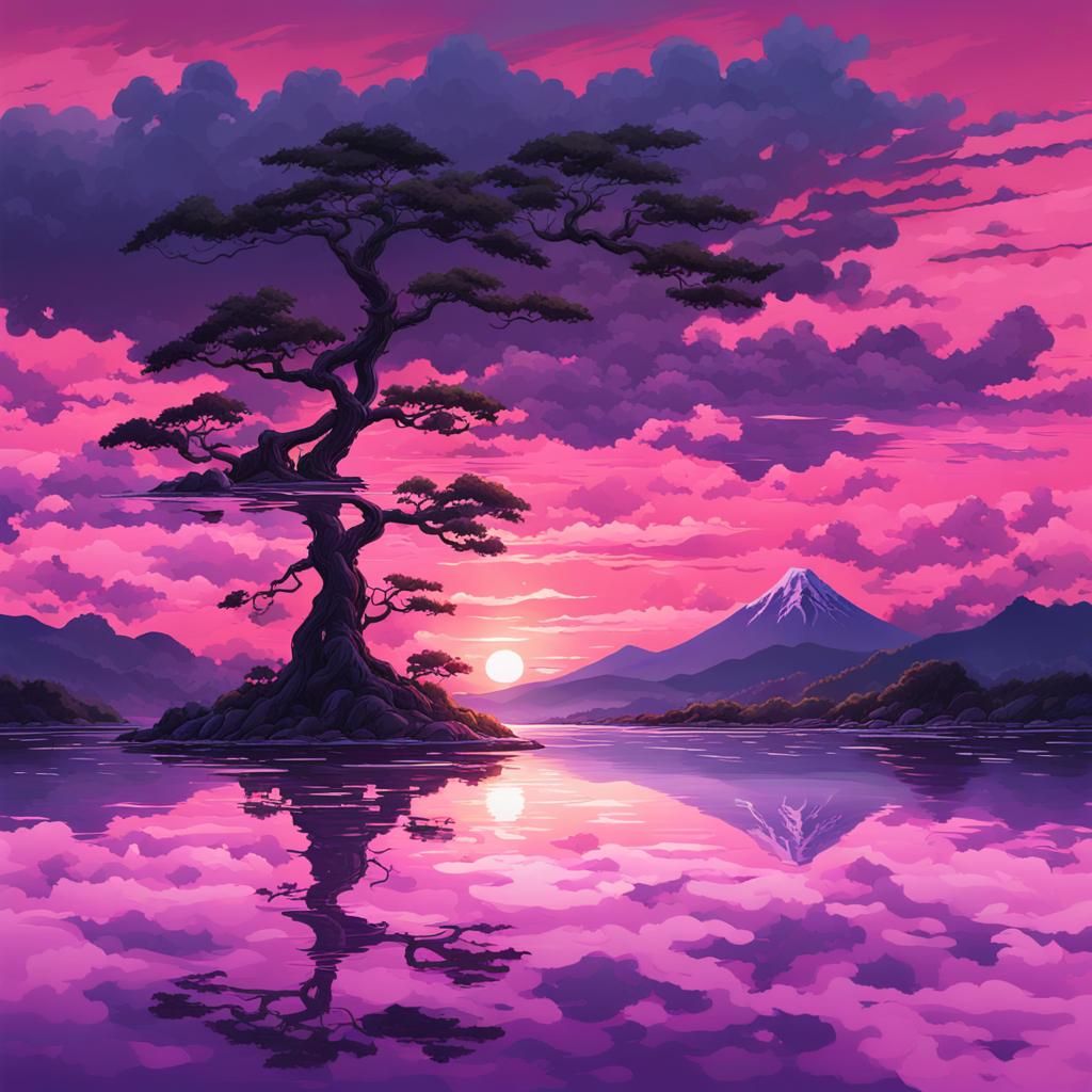 Hyperrealistic Japanese Sunset with Pink and Violet Sky