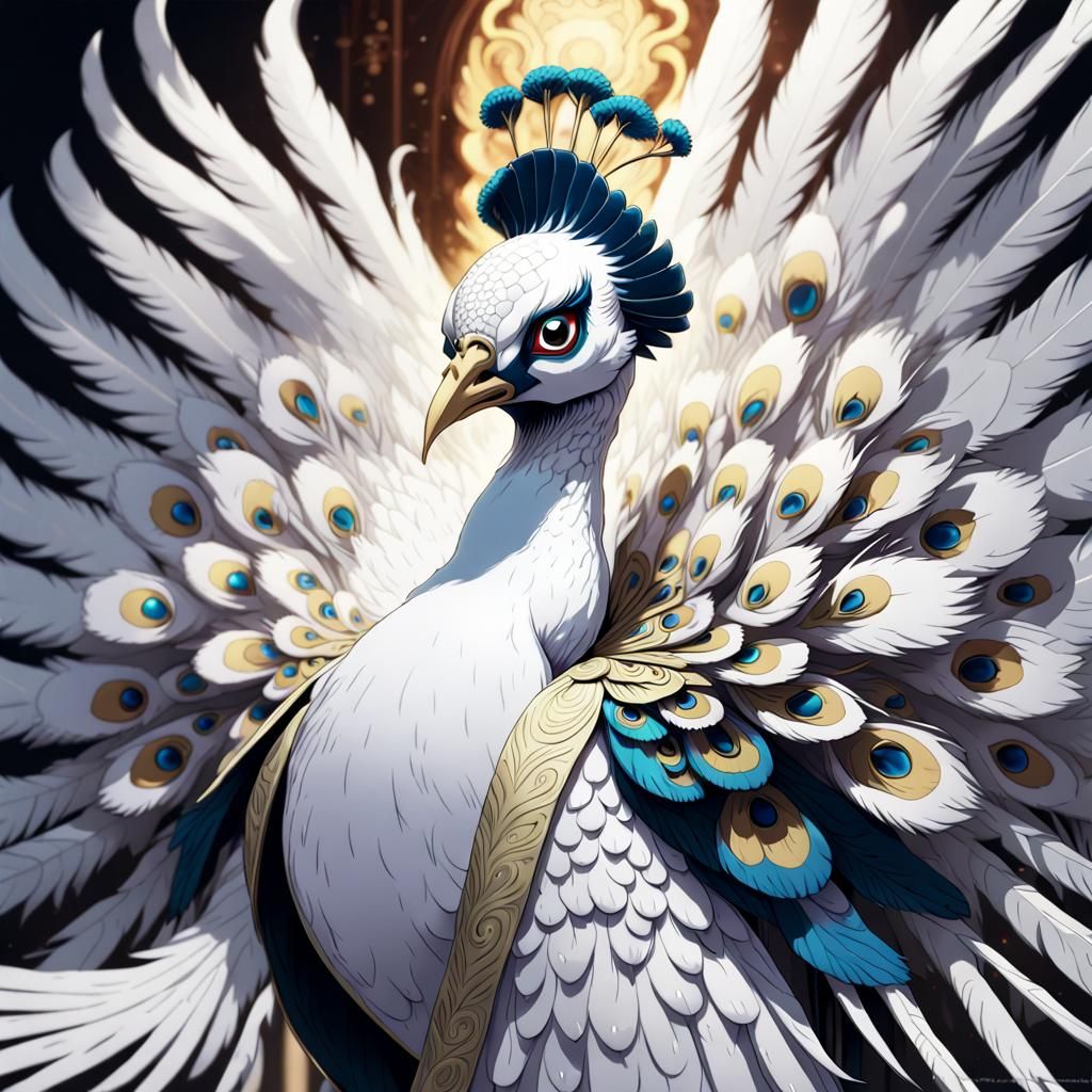 Manga-Inspired White Peacock Emperor in Vibrant Cel-Shaded C...