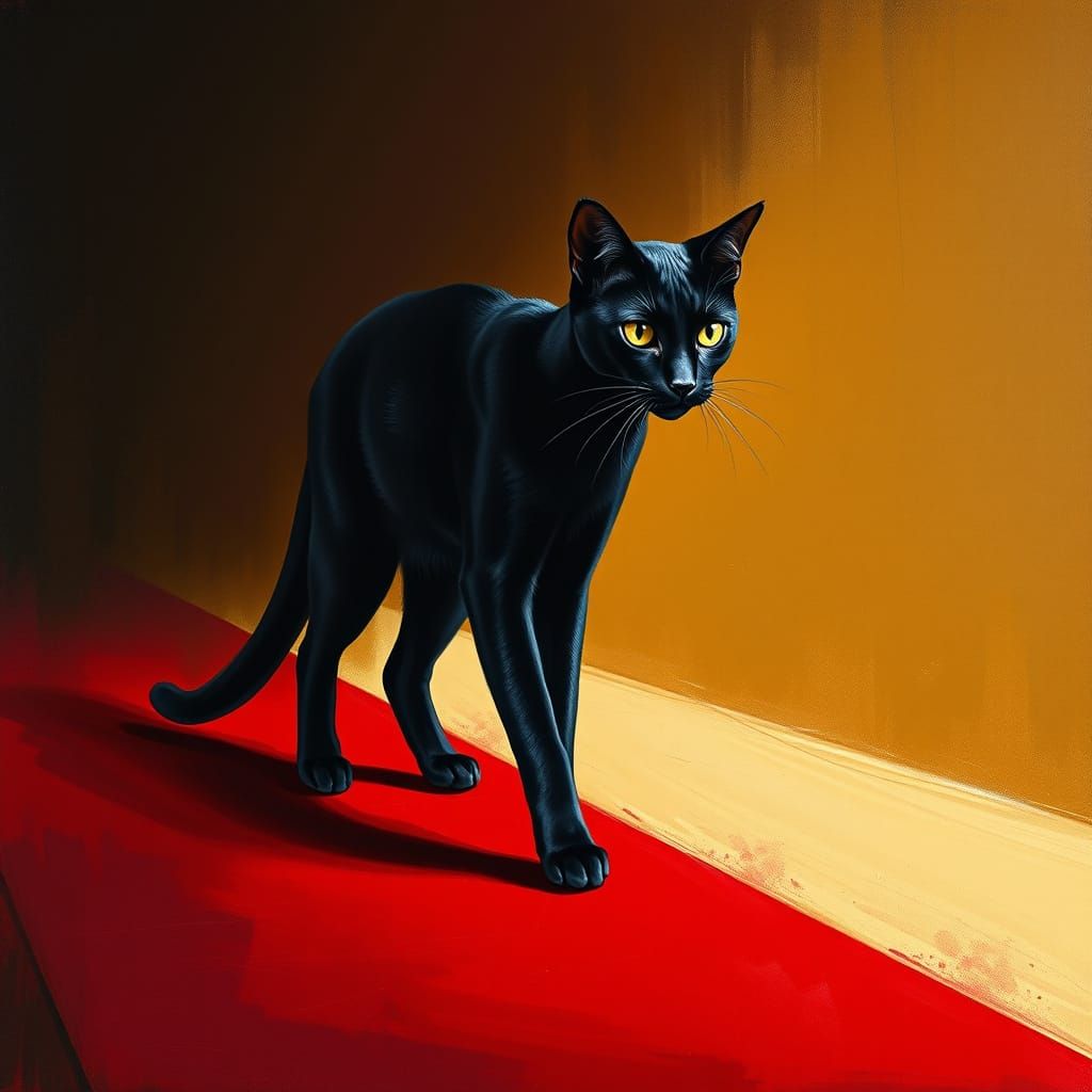 Elegant Black Cat Strides on Golden Red Carpet