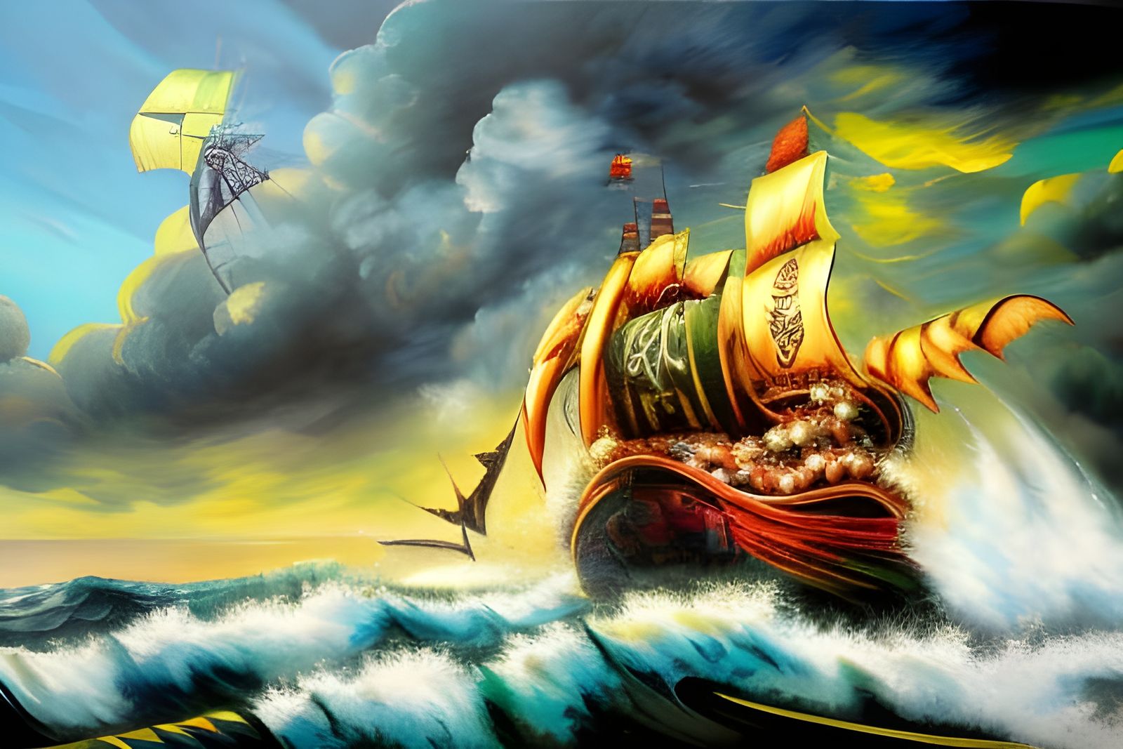 Pirate Ship Amidst Stormy Seas in Expressionist Style