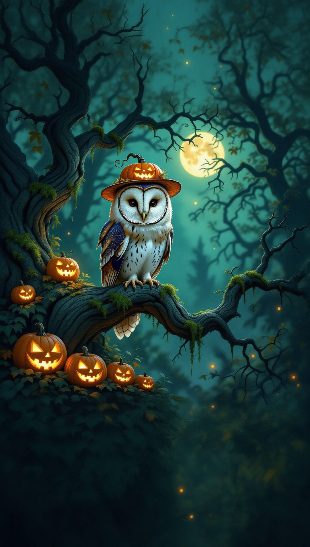 Wise Barn Owl in Pumpkin Hat on Oak Branch