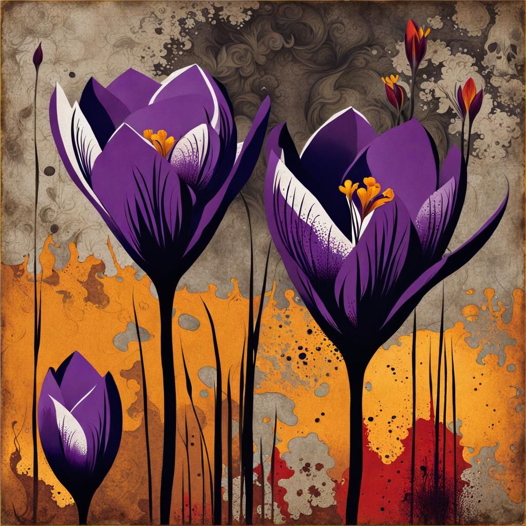 Crocus Flowers and Maiden in Grattage Art