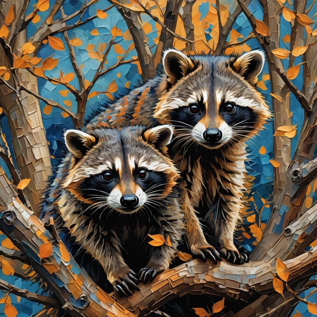 Raccoon in Tree, Abstract Expressionist Close-Up