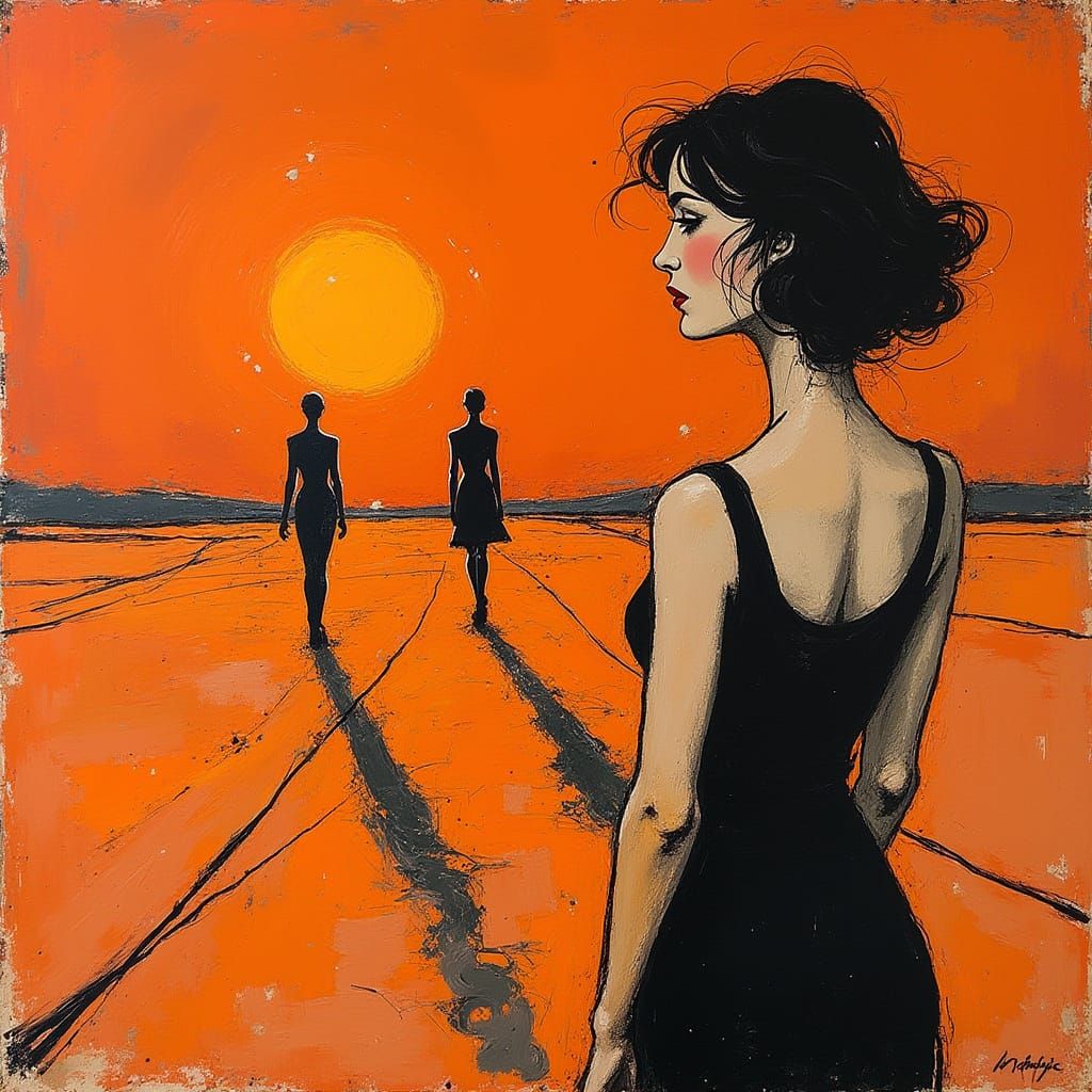 Abstract Figure Study with Orange Retro Lines and Mirror Eff...