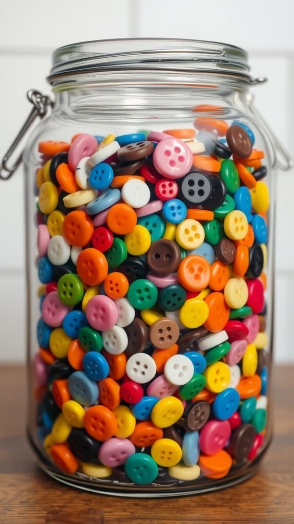 A large jar full of colourful buttons