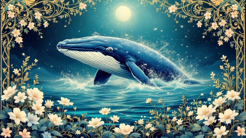 Whale Breaks Through Golden Art Nouveau Border