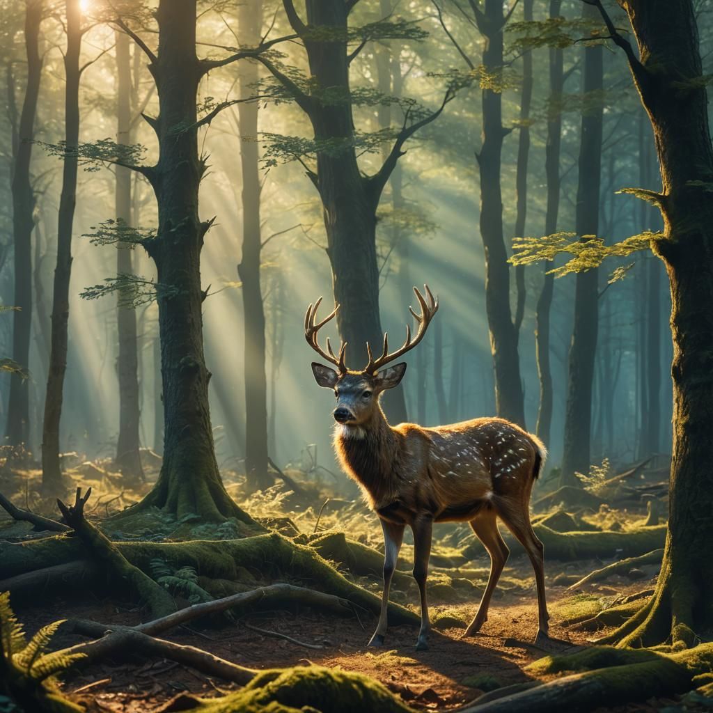 Proud Deer in Perilous Forest: Fantasy Matte Painting
