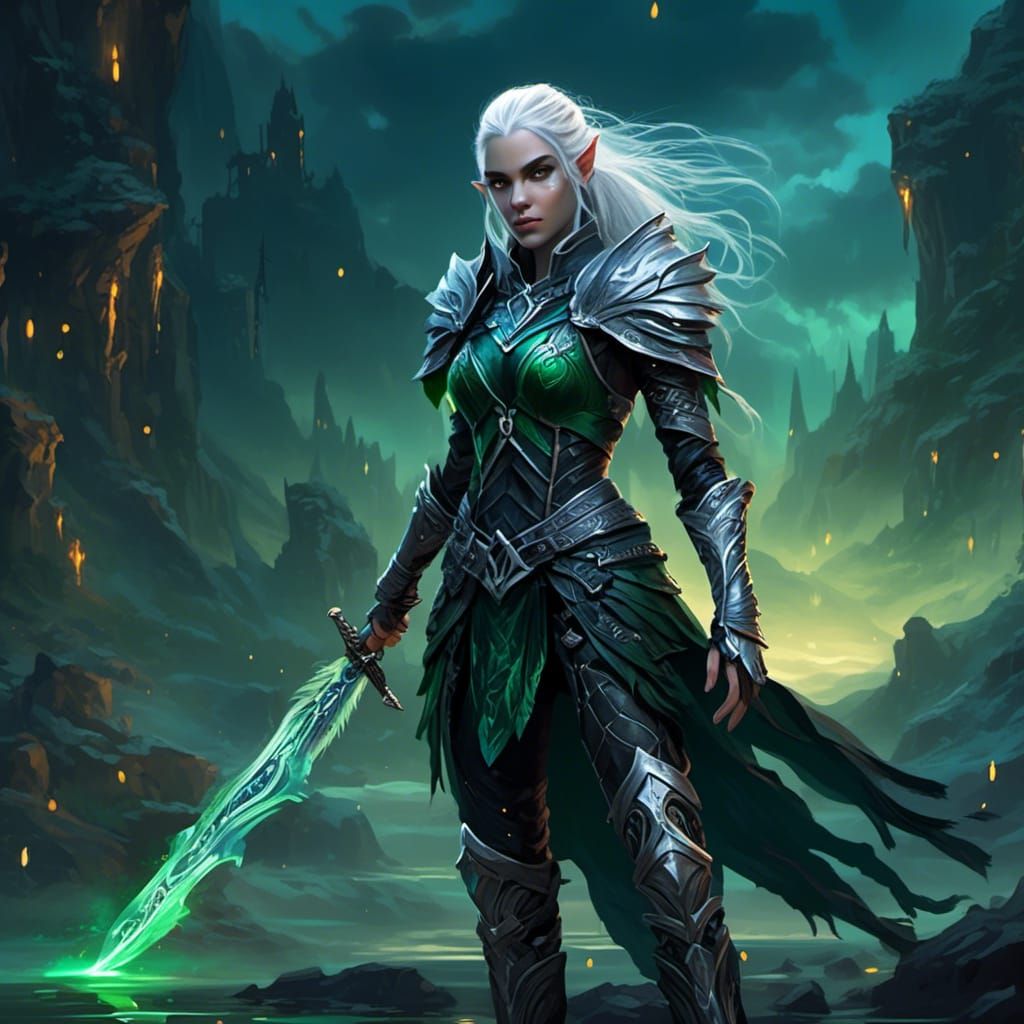 Elf Warrior in Black Armor with Glowing Sword