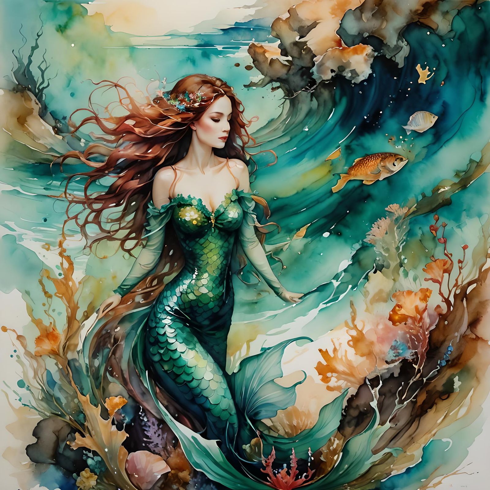 Mermaid Seascape in Watercolor and Ink Style