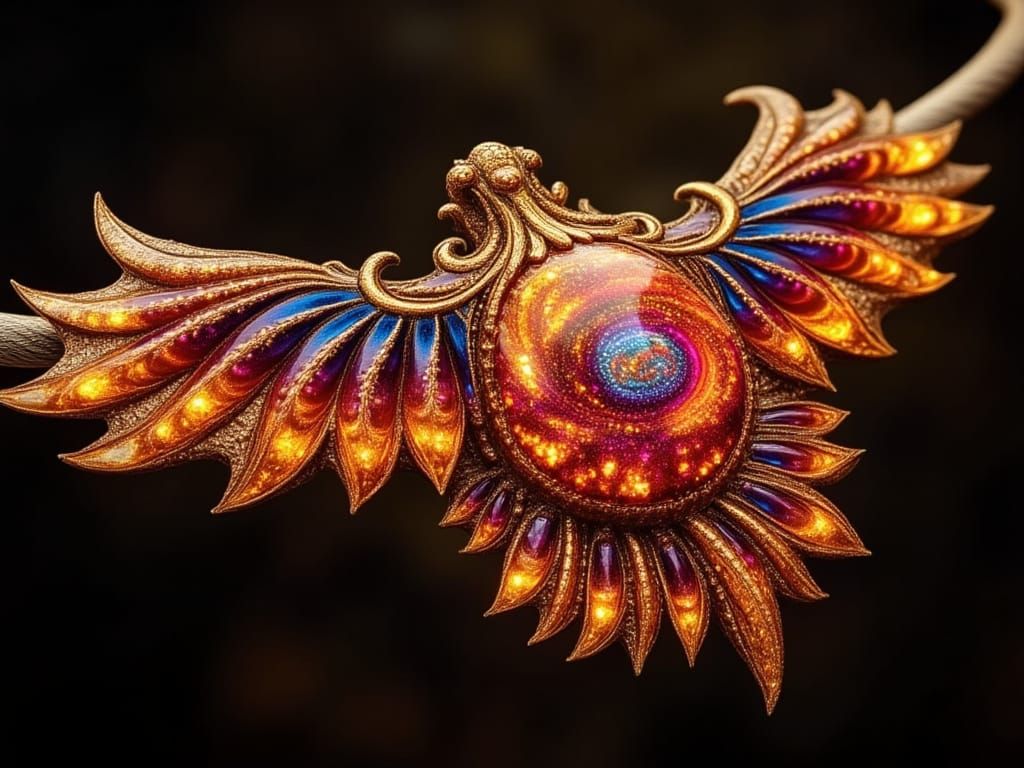 Fiery Phoenix Necklace in Intricate Gold and Obsidian Settin...