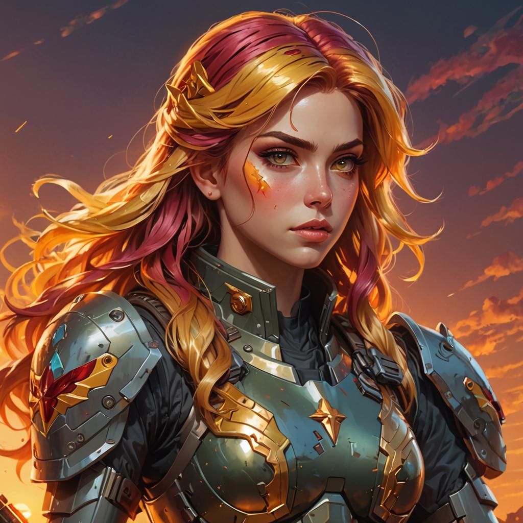 Sunset Shimmer in Military Armor: Hyperdetailed Portrait