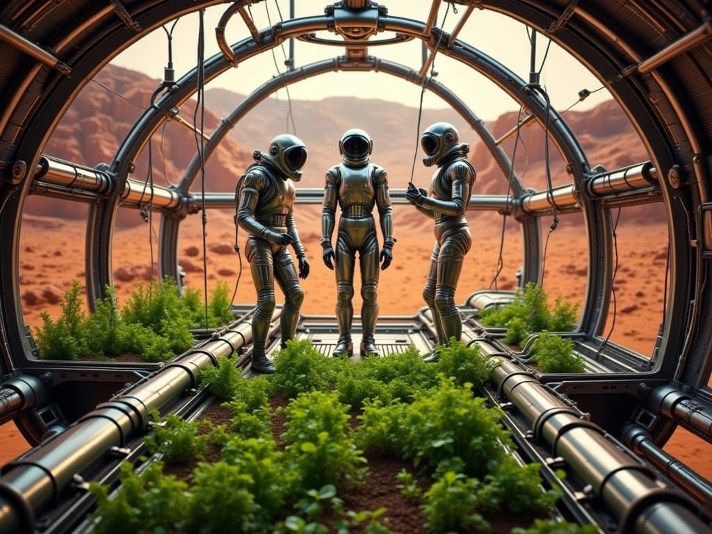Astronauts in Futuristic Greenhouse on Mars