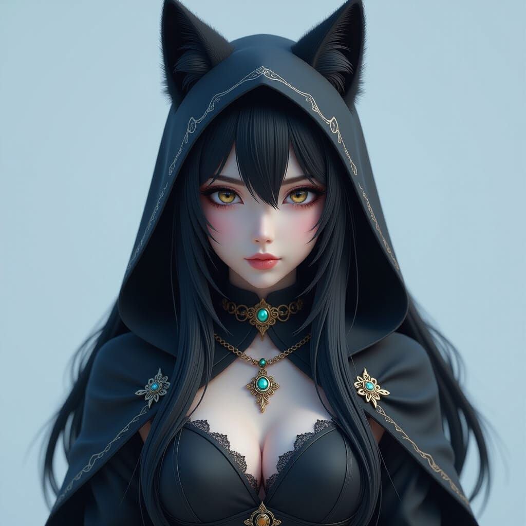 Mysterious Fox Girl in Dark Attire: Anime Style