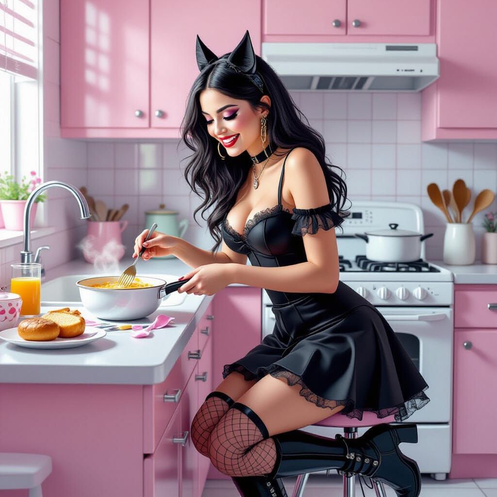 Goth Woman Cooking Breakfast in Pastel Kitchen