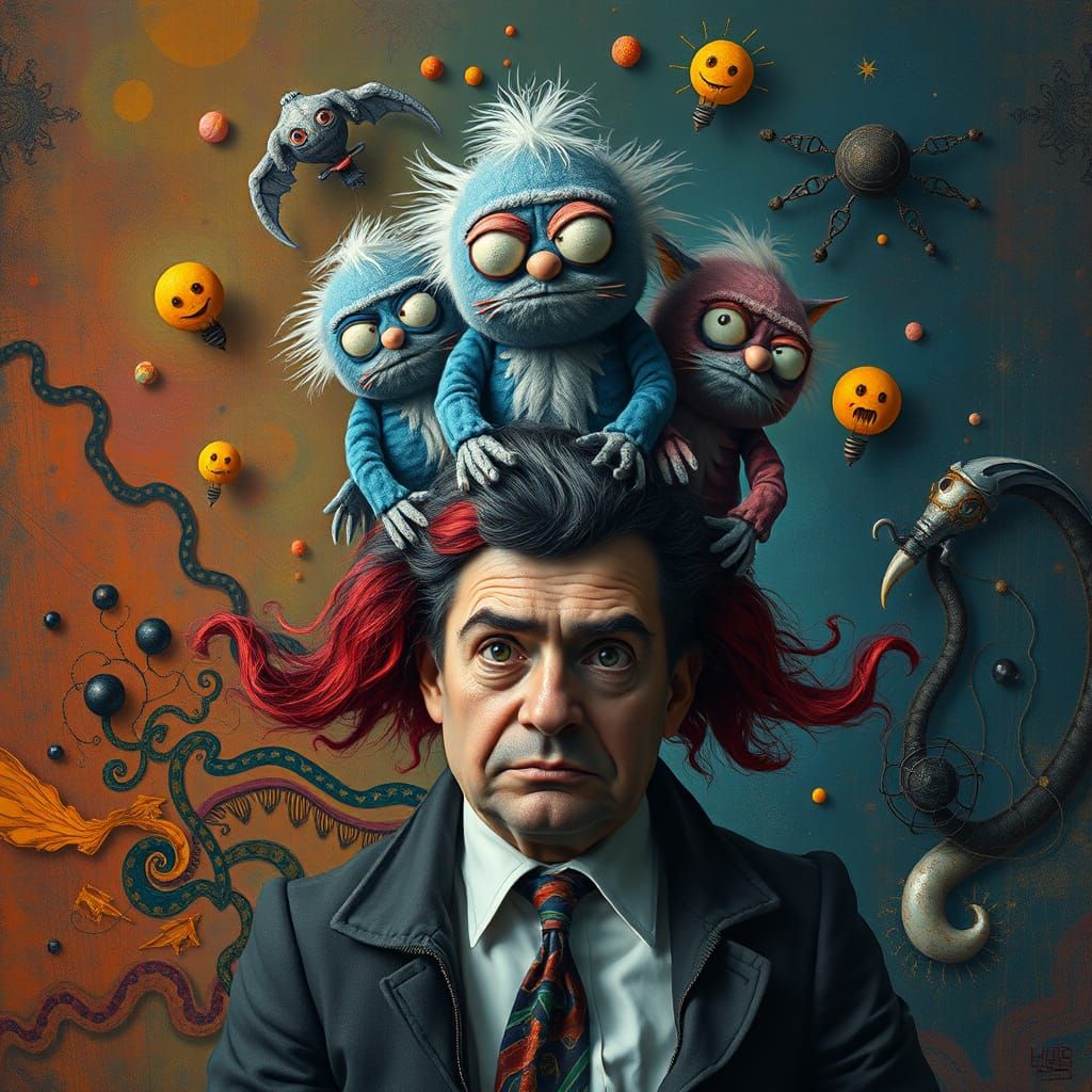 Surreal Cosmic Characters Overwhelm Man in Abstract Art