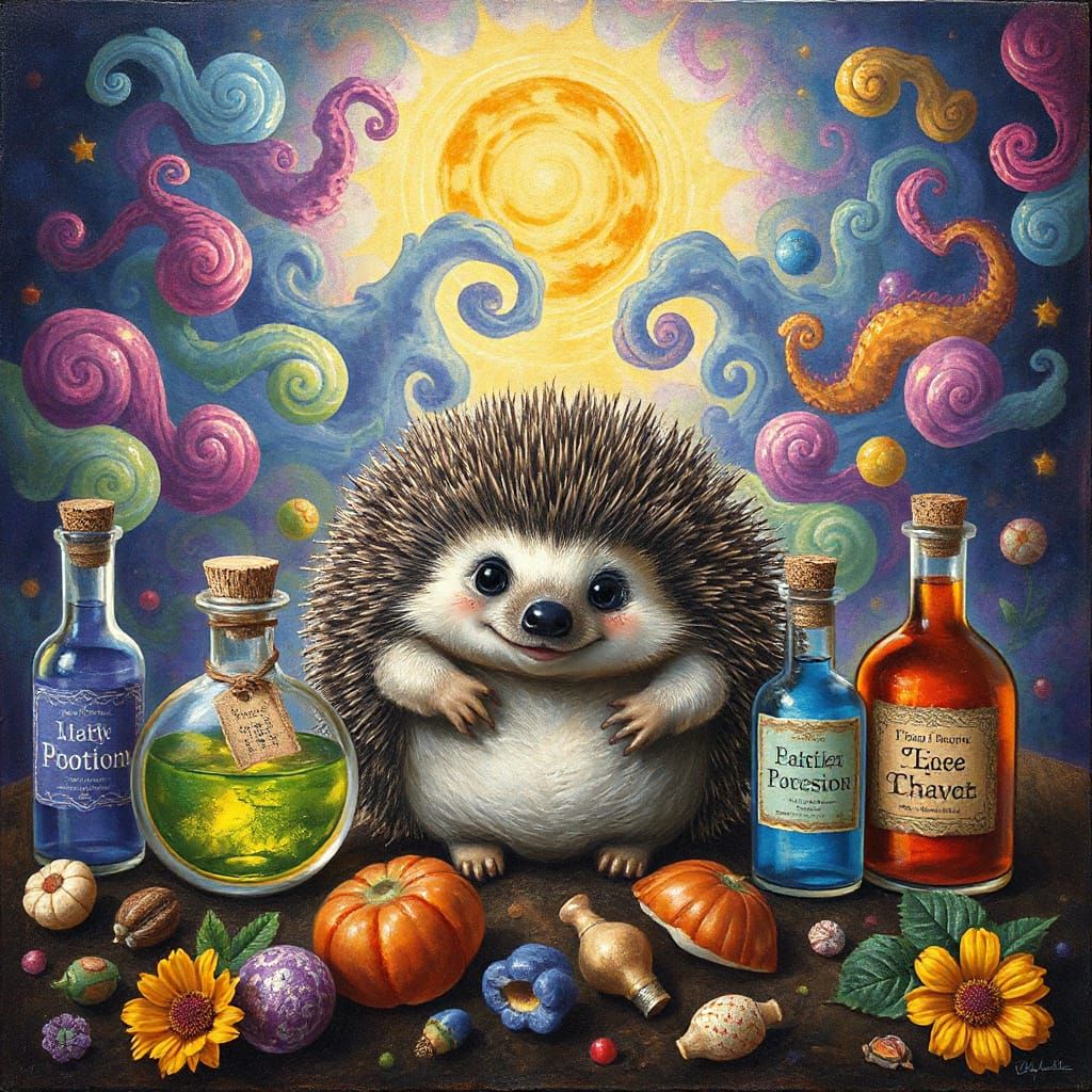 Whimsical Hedgehog in a Dreamy Potion Landscape