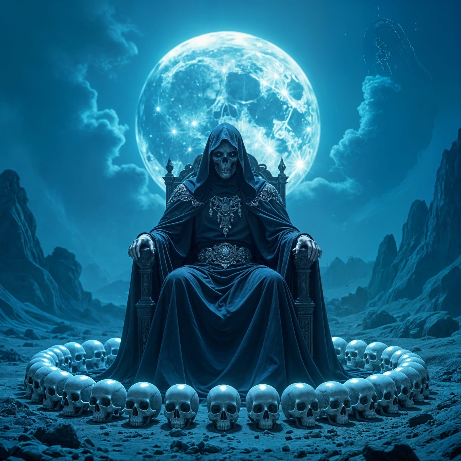 Grim Reaper King in Surreal Twilight Landscape