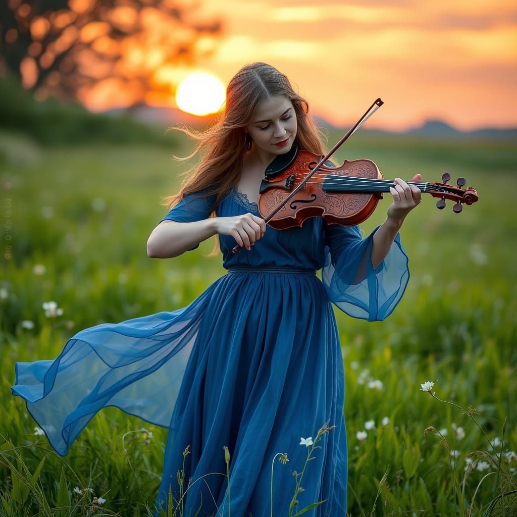 Violinist in Meadow at Sunset: Folk Art Style