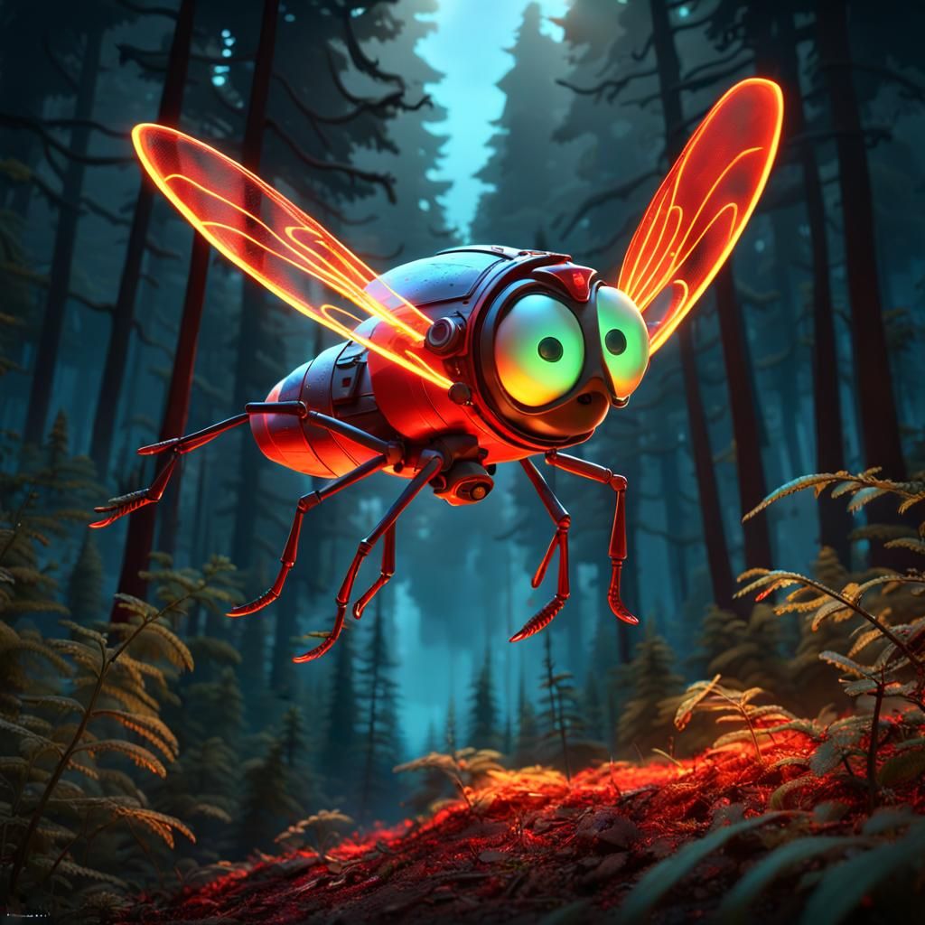 Firefly in Goggles Flies Through Dark Forest