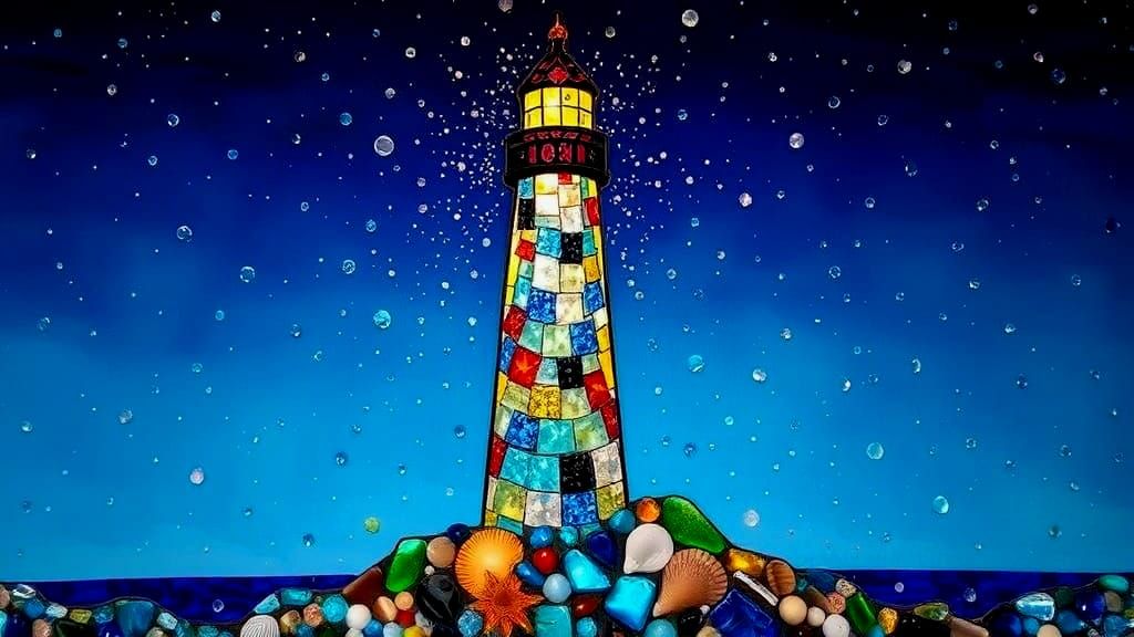 Stained Glass Mosaic Lighthouse with Seashells