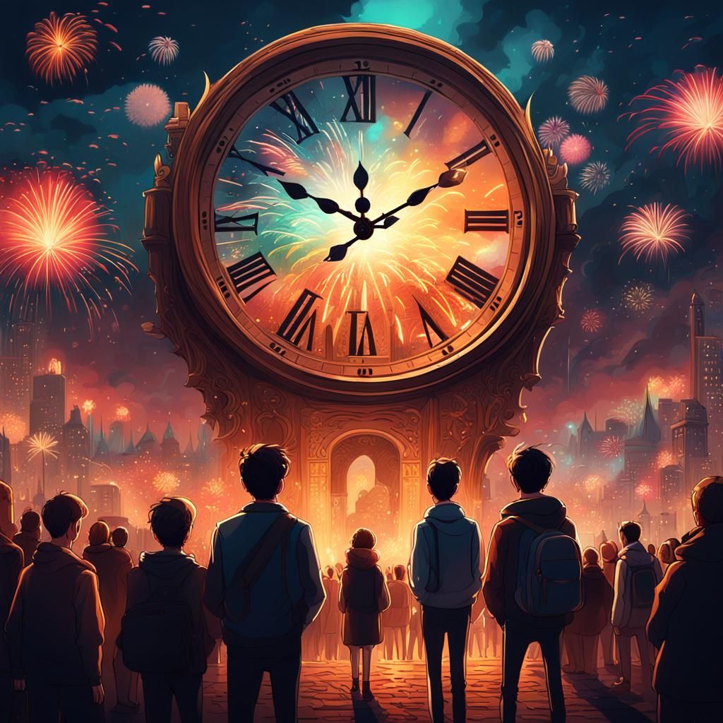 Fireworks Explode Behind Clock in Surrealist Fantasy Art