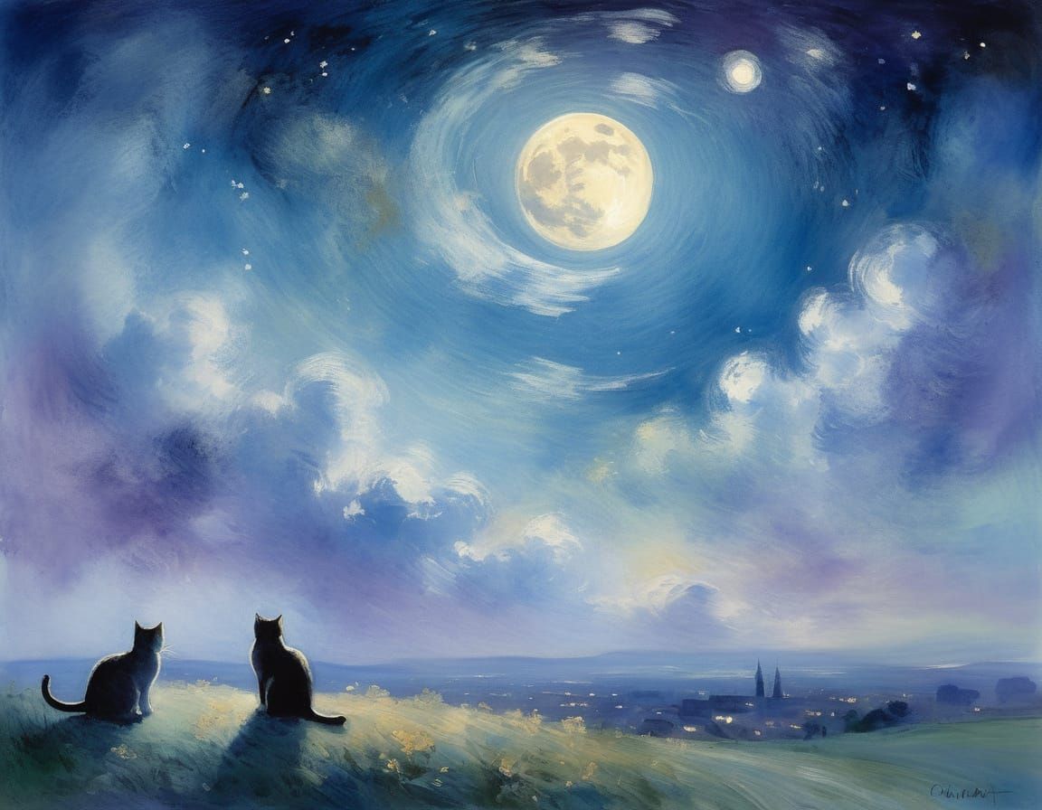 Ethereal Cat Under Starry Blue Night Sky