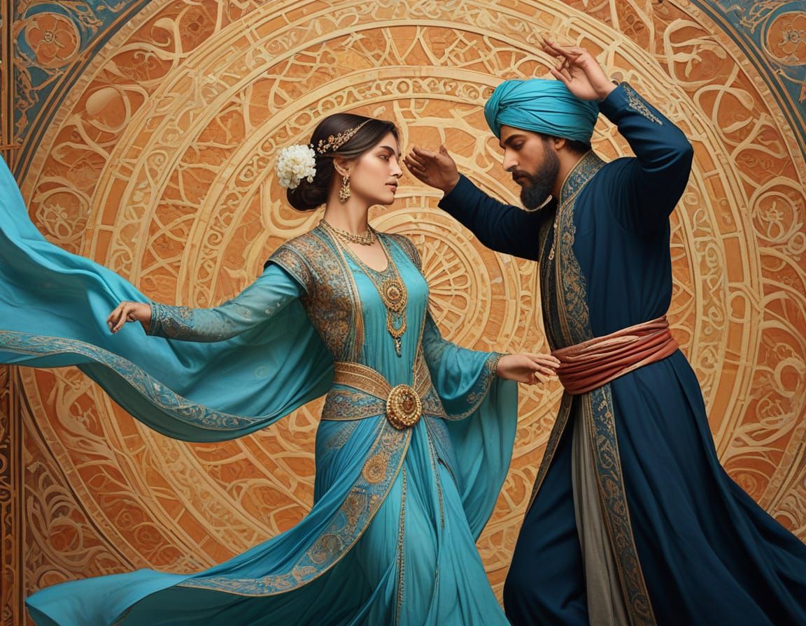 Mughal Era Tawaifs Dance Around Sufi in Art Nouveau Style