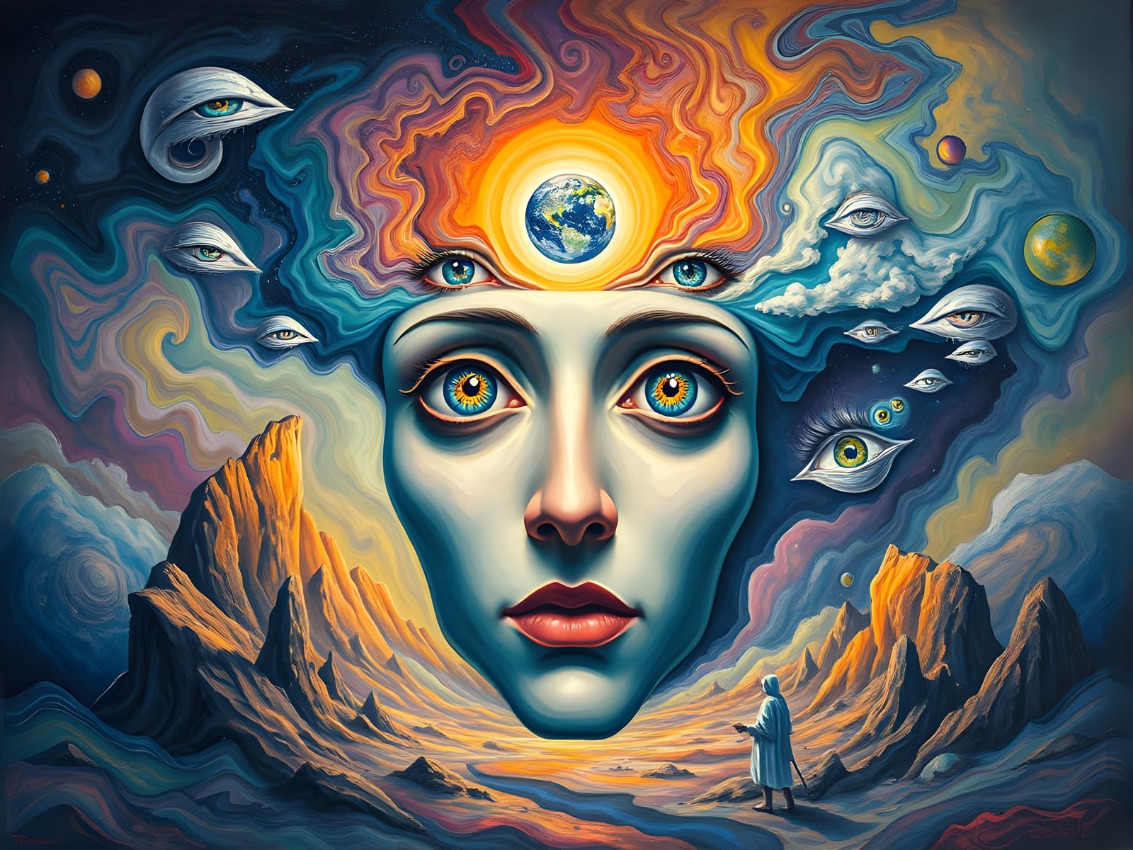 Surreal Landscape with Multidimensional Eyes in Vibrant Colo...