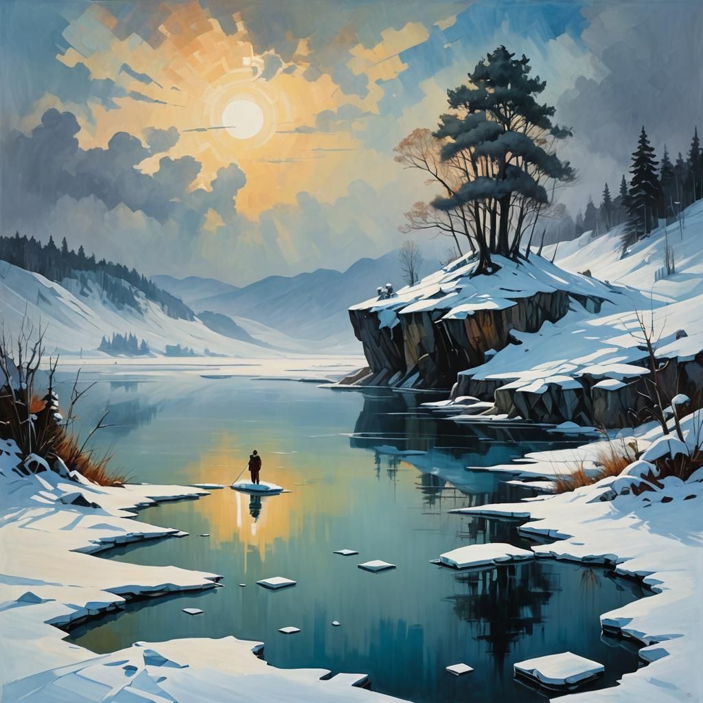 Frozen Lake in Cubist Minimalist Acrylic Style