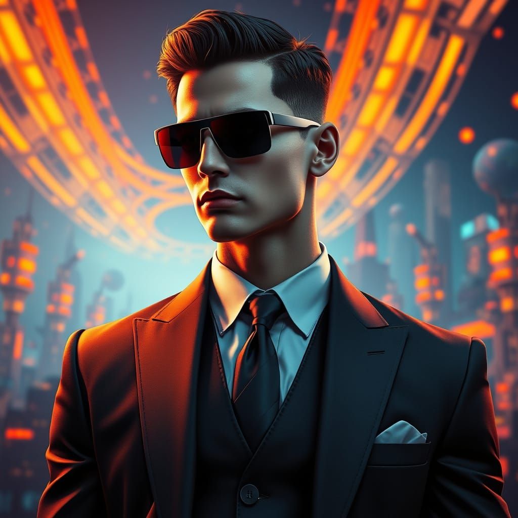 Confident Cyberpunk Special Agent in Dark Suit