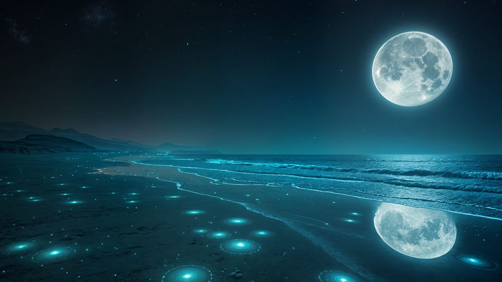Alien World: Bioluminescent Beach Under Three Moons