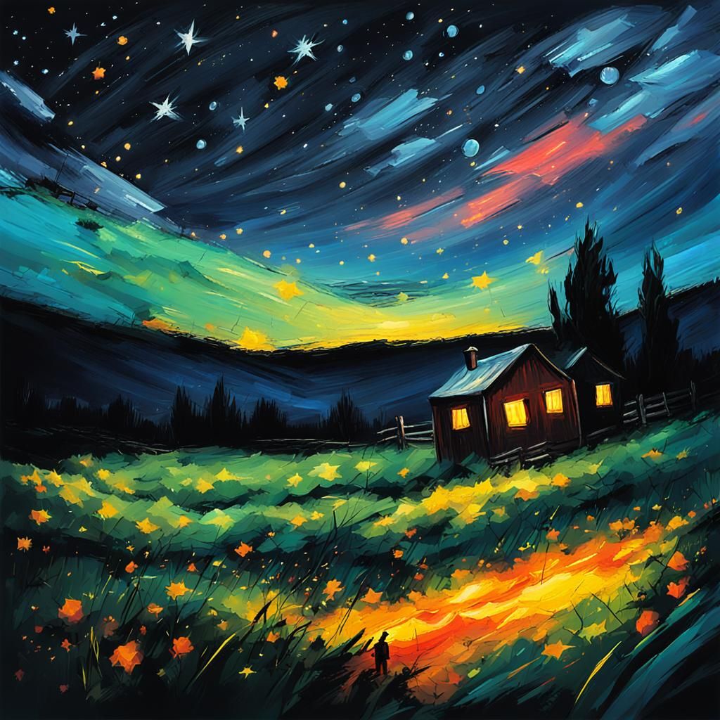 Spectacular Starry Night in Noir Illustration Style