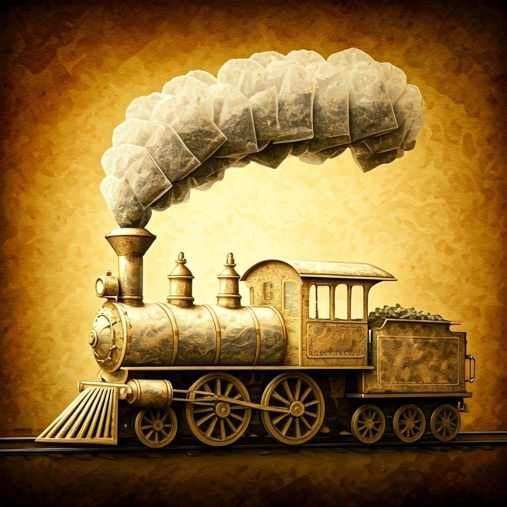 Whimsical Steam Train Made of Tea Bags in a Dreamy Watercolo...