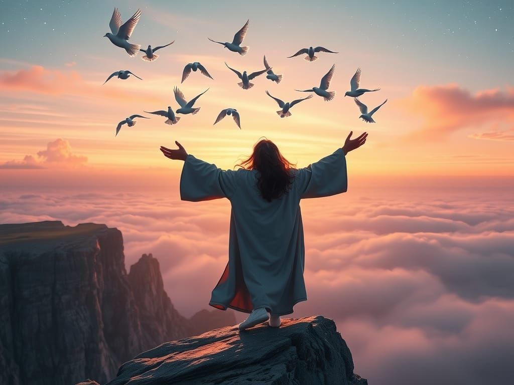 Robed Figure Releases Doves into Sunrise Skies in Whimsical ...