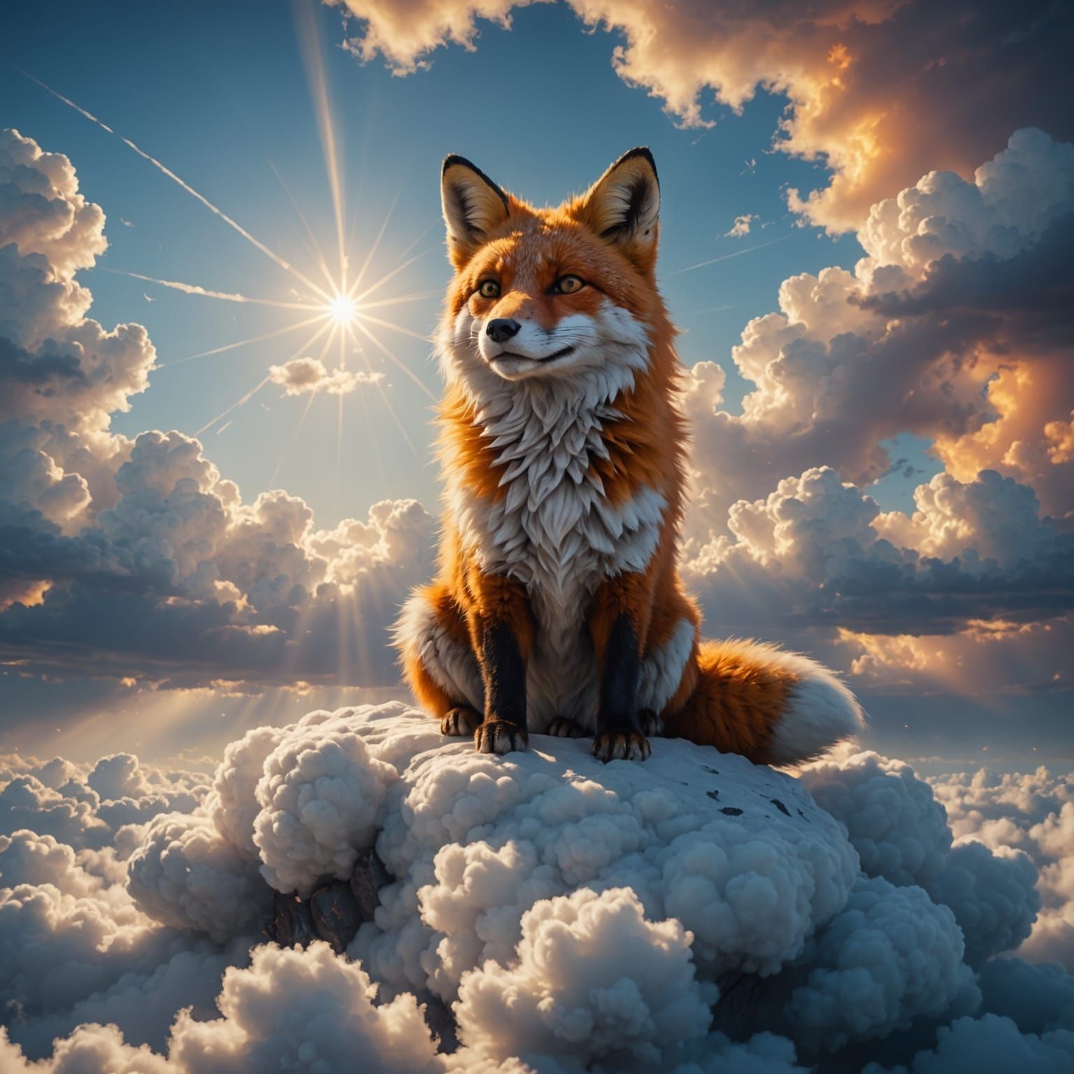 Fluffy Clouds Unite with a Radiant Fox in a Vibrant Fantasy...