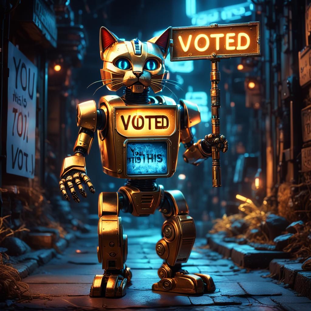 Epic Science Fiction Robot Cat Holding a Vibrant Sign in Gol...