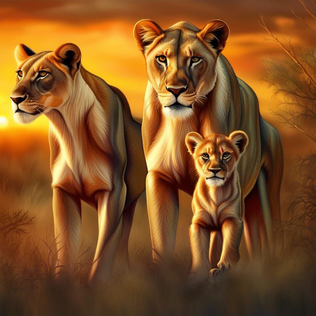 Lioness and Cubs: Serengeti Sunset in Hyperrealism