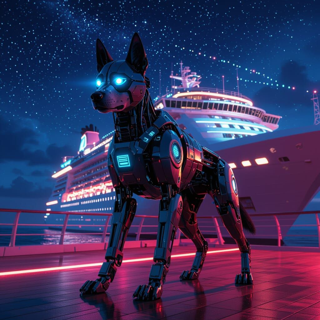 Cybernetic Dog on Futuristic Ship Deck at Night